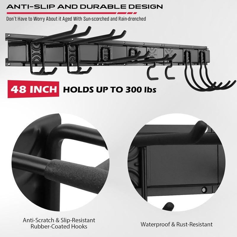 SEDY 48" Heavy Duty Garage Wall Organizer, Wall Mount Tool Storage Rack with Adjustable Hooks, Garden Tool Organizer Hold Up to 300lbs, Easy Installation (3 Panels, 8 Hooks, 3 Straps) - Image 5